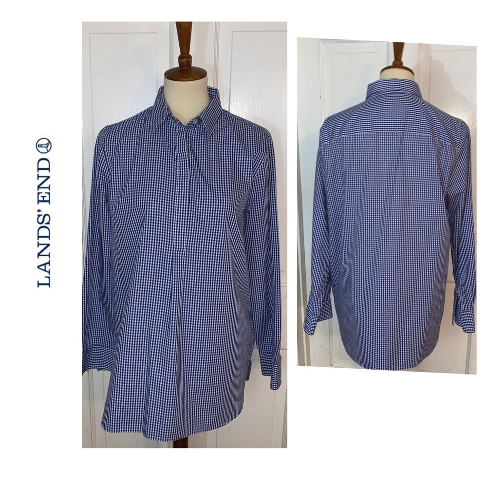 Lands’ End Navy/White Gingham Tunic Blouse. Sz 12